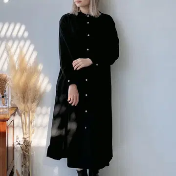 AS KNOW AS plus 플리츠 절개 셔츠 원피스 블랙