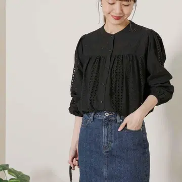어반 리서치 밴드 칼라 코튼 레이스 슬리브 셔츠 블라우스