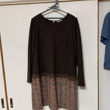 브라운 체크 무늬 긴팔 튜닉
