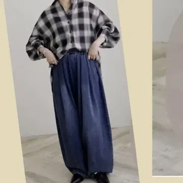 미사용 새상품 시마무라 x  데님 코쿤 와이드 데님 팬츠 중 네이비 M
