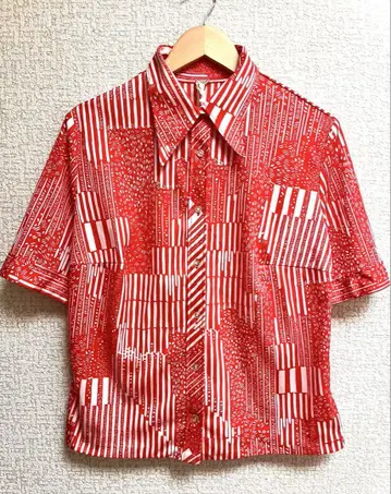 70s 빈티지 셔츠 빅 옷깃 반팔 올 패턴 빨간색