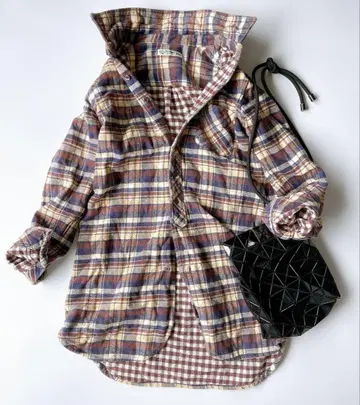 빔즈 긴팔 체크 셔츠 원피스 브라운 네이비 베이지