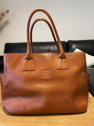 히로후 천연 가죽 브라운 레더 토트백 수납 가방 포함