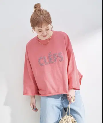 라메 사가 자수 7부 소매 풀오버 핑크