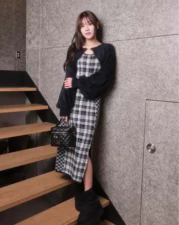 페더 체크 앙상블 롱 원피스 (WEB 한정판) 블랙