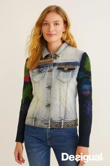 Desigual 데님 자켓 소매 레이스 자수 스팽글 L 사이즈