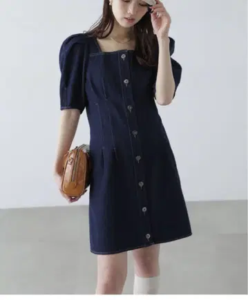 다크 데님 퍼프 슬리브 미니 원피스