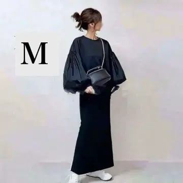 볼륨 소매 벌룬 슬리브 셋업 타이트 스커트 슬릿 블랙
