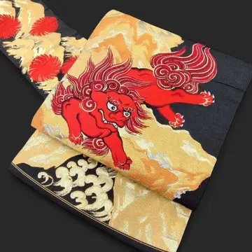 앤티크 새빨간 당사자 나고야 오비 타키 블랙 금은사 #1045