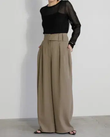 selectMOCA 허리 디자인 벨트 와이드 팬츠 L 그레이쉬 베이지