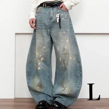 배기 데님 와이드 타입 스플래터 워시 디자인 루즈핏 L