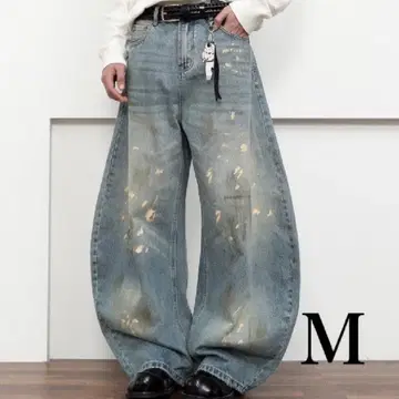 배기 데님 와이드 타입 청바지 워시 디자인 루즈핏 M