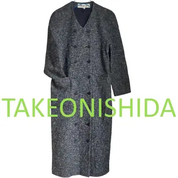 TAKEO NISHIDA 노카라 롱 네이비 트위드 코트