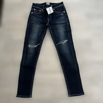 스키니 데님 다크 블루 무릎 데미지
