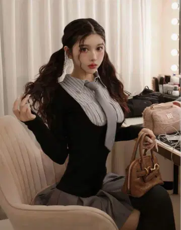[ 당일 발송 ] darich 셔츠 도킹 니트 미니 원피스 블랙 free