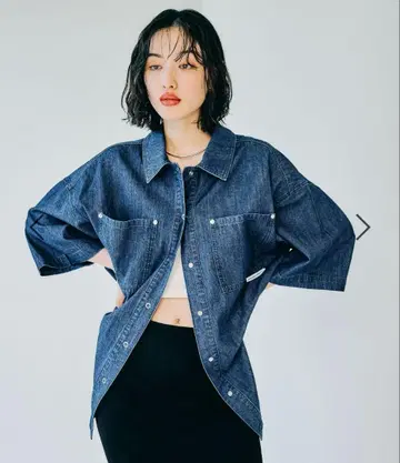 LEPSIM BIG 데님 5부 소매 셔츠 튜닉 FREE 사이즈