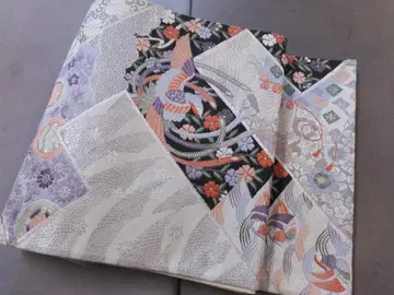 순수 실크 구백금 플라티나박 사 봉황 문양 후쿠로 오비 구백금