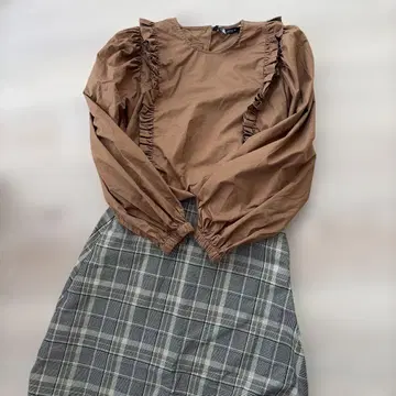 자라 긴팔 블라우스 프릴 브라운 상의