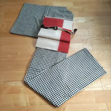 아이즈 무명 기모노 단의 블랙 x 베이지 격자