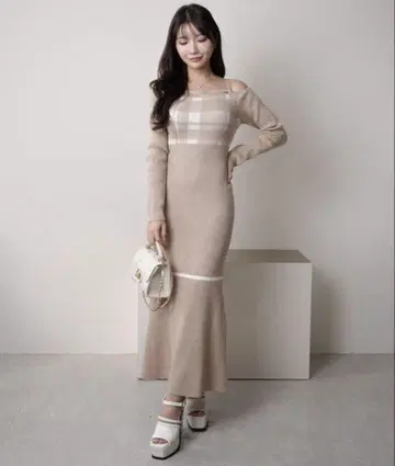 lipservice 체크 자카드 오프숄더 머메이드 원피스