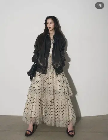 [ 미사용 새상품 ] ANDREA&Co. 도트 원피스 & 가죽 자켓