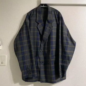 BEAMS 네이비 체크 더블 자켓
