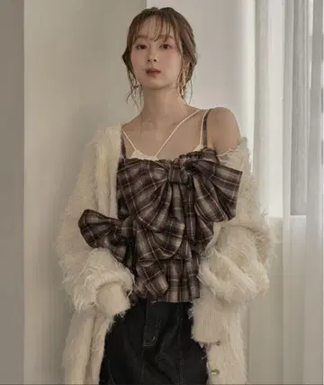 mideal 옴브레 체크 더블 리본 뷔스티에 브라운