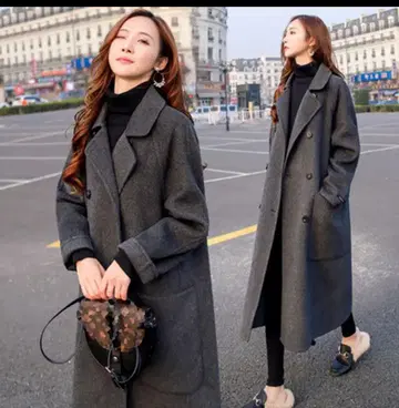 울 터치 더블 브레스트 롱 기장 더블 체스터 코트 그레이 L