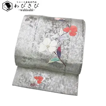 나고야 오비 꽃 무늬 은색 은사 O-5570