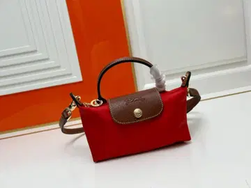 빨간색 나일론 파우치 브라운 핸들 포함 #S