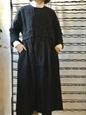 nest Robe 린넨 더블 브레스트 절개 원피스 블랙 A라인