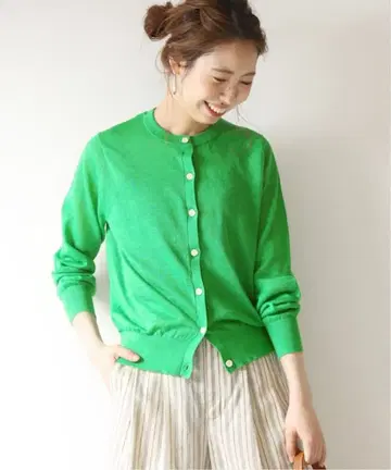 Spick & Span 린넨 크루 가디건 그린