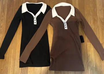 카라 부착 긴팔 미니 원피스 2색 세트