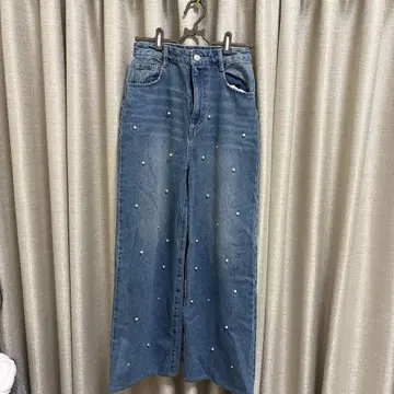펄 장식 데님 와이드 레그 팬츠