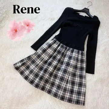 Rene 루네 리본 원피스 체크 무늬 니트 블랙