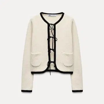 [ 새상품급 ] ZARA 리본 포함 화이트 니트 가디건
