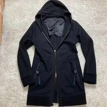 꼼사맨 M 후드 부착 코트 미들 기장 블랙 더블 지퍼 블랙 미들 기장