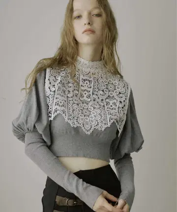 레이스 칼라 크롭 니트탑