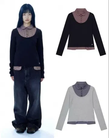 COYSEIO 패치워크 체크 무늬 피케 셔츠풍 레이어드 셔츠