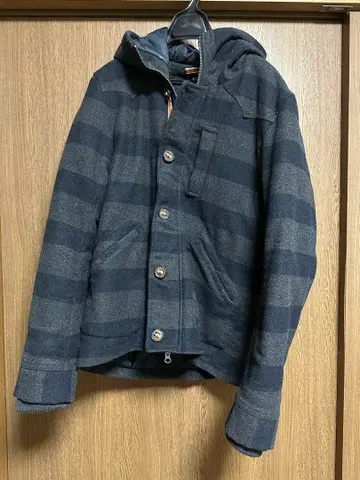 grn 네이비 그레이 스트라이프 후드 부착 코트