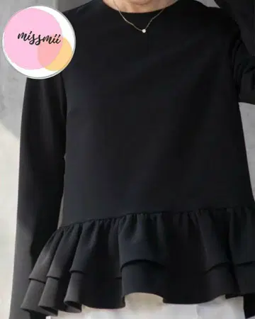 em. 더블 프릴 페플럼 상의 블랙 긴팔 상의 셔츠 엠 도트