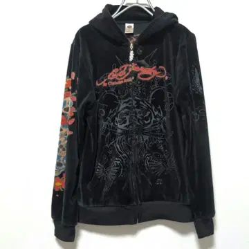 Ed Hardy 벨로아 후드티 M 호랑이 블랙 자수 지퍼 여성용 남성용