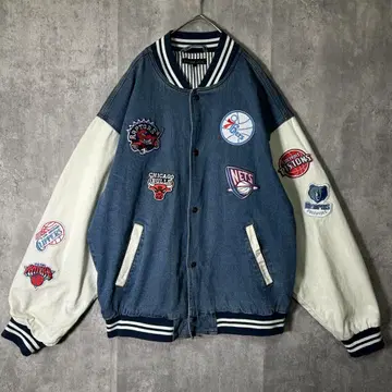 NBA 로고 패치 데님 바시티 자켓 블루종 시카고 불스 닉스