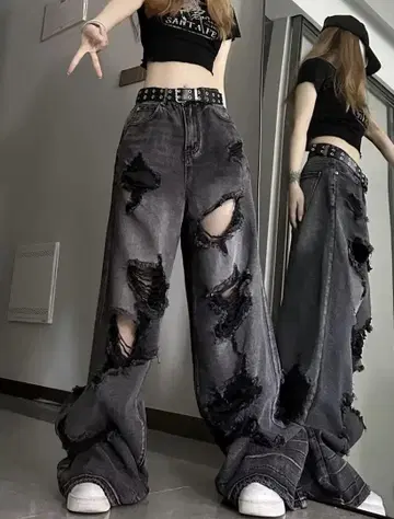 블랙 데미지 가공 와이드 레그 데님 팬츠 Asian S