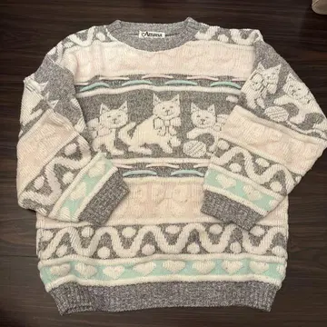 Amana 고양이 패턴 니트 스웨터 긴팔 그레이