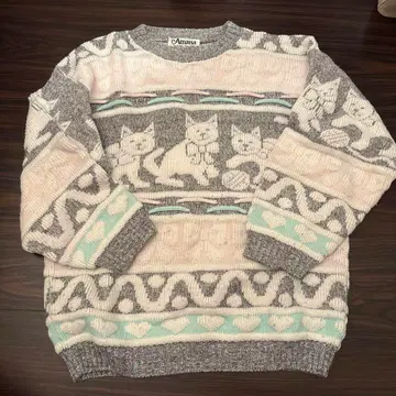 Amana 고양이 패턴 니트 스웨터 긴팔 그레이