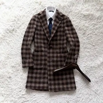[새상품급] LARDINI 브라운 체크 울 체스터 코트 사이즈 42