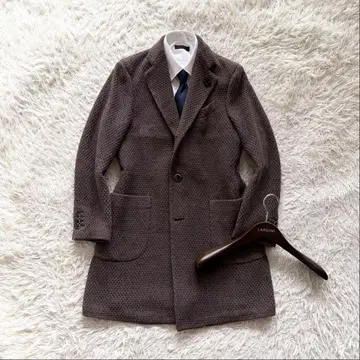 [ 새상품급 ] LARDINI 브라운 울 체스터 코트 부토니에르 46