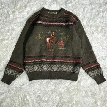 사슴 자수 니트 그린 울 일본제 레트로 빈티지