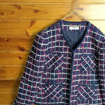 노카라 자켓 트위드 네이비 화이트 빨간색 M 격자 무늬 체크 무늬 캐주얼